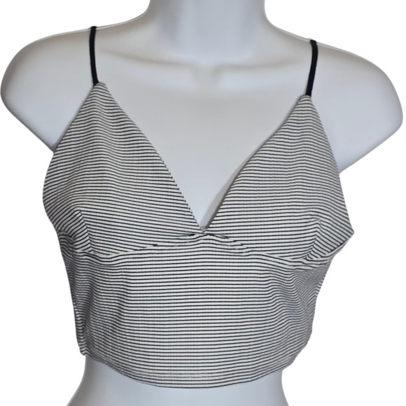 Zara Tops - Zara‎ Trafaluc Womens Black White Striped Ribbed V-Neck Crop Top Y2K Cami Sz L